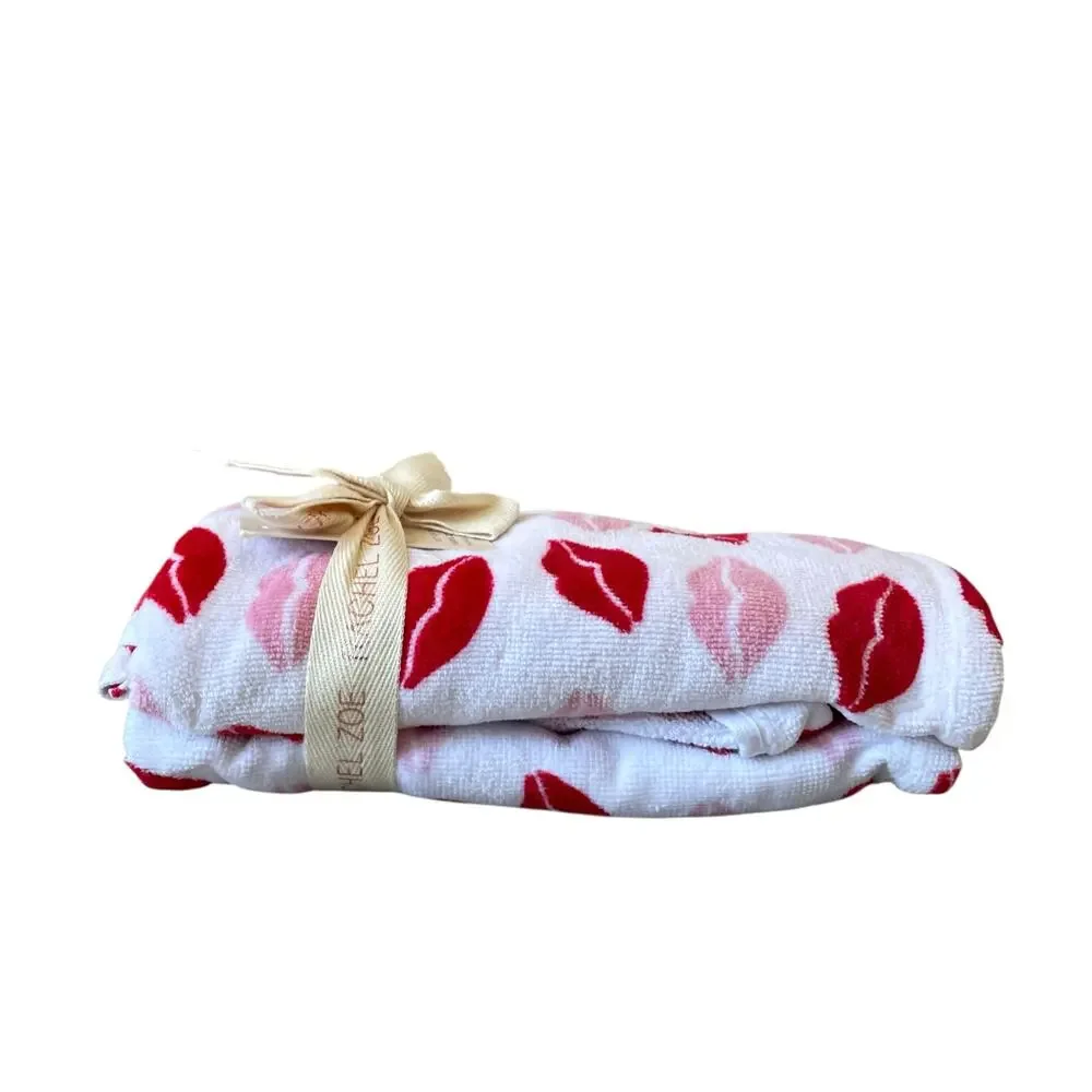 Rachel Zoe Valentine LIPS Hand Towels 18x28 Cotton Set of 2 Pink & Red NEW